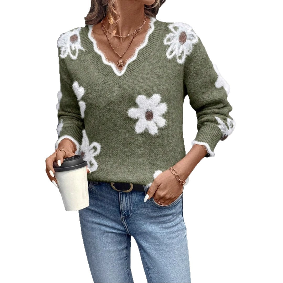 Camisola Jacquard Floral Decote em V