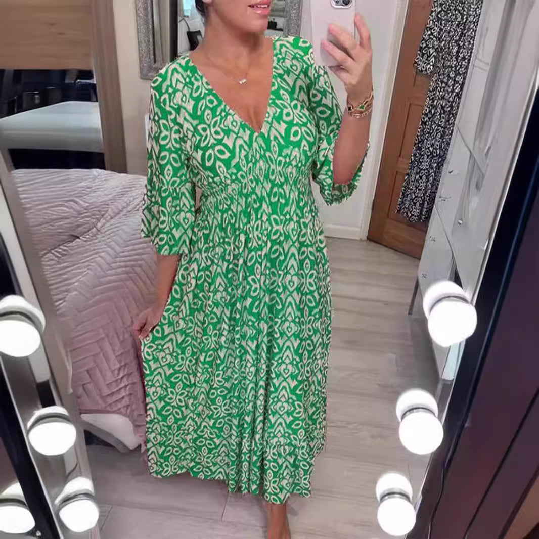 Vestido Longo com Estampado e Decote em V - Veron&Co