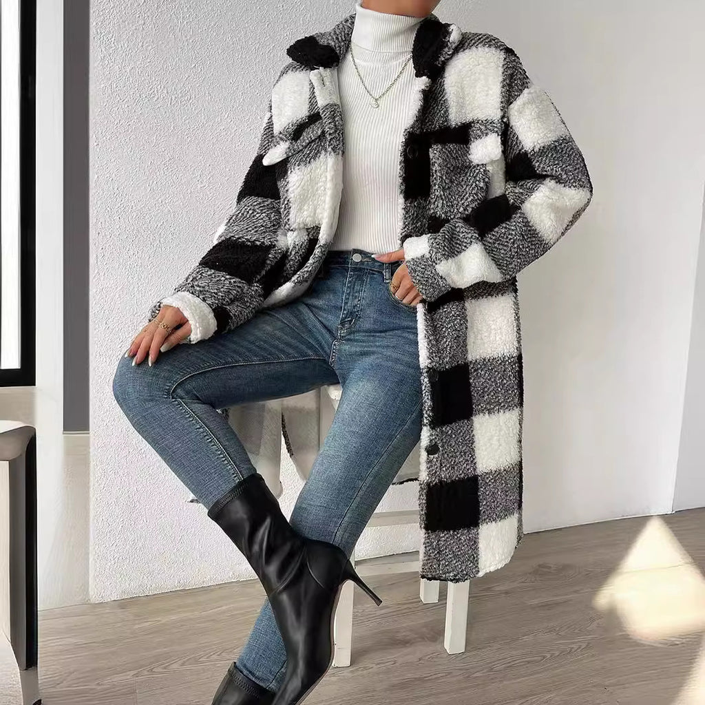 Plaid Teddy Coat with Lapels
