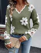 Floral Jacquard V-Neck Sweater