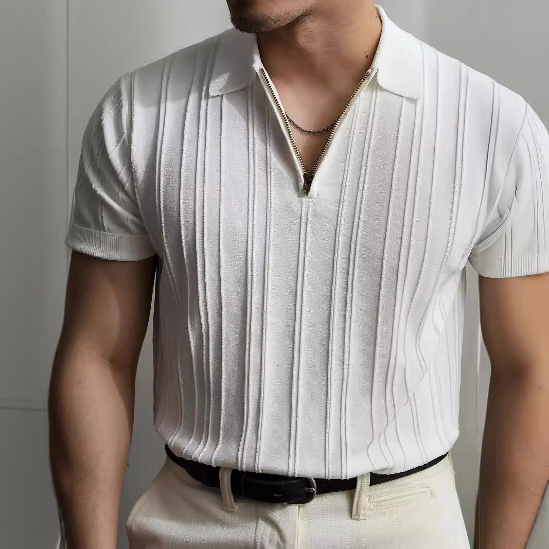 Polo Tricot com Fecho e Textura Canelada Veron&Co, detalhe da textura canelada