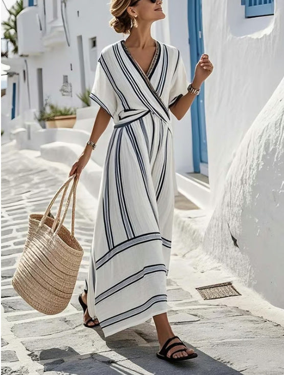 Vestido Longo com Pregas e Decote em V - Veron&Co