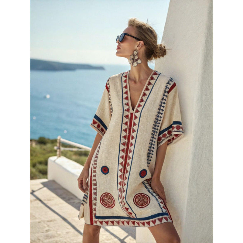 Vestido Midi com Estampado e Decote em V - Veron&Co