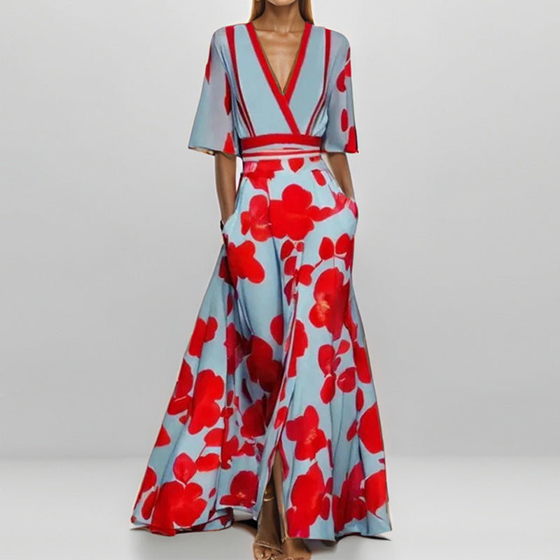 Vestido Longo com Estampado e Marcação de Cintura - Veron&Co