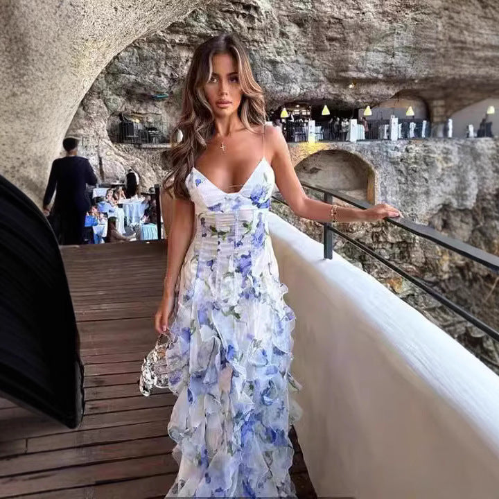 Vestido em Chiffon com Estampado e Ombros Descobertos - Veron&Co
