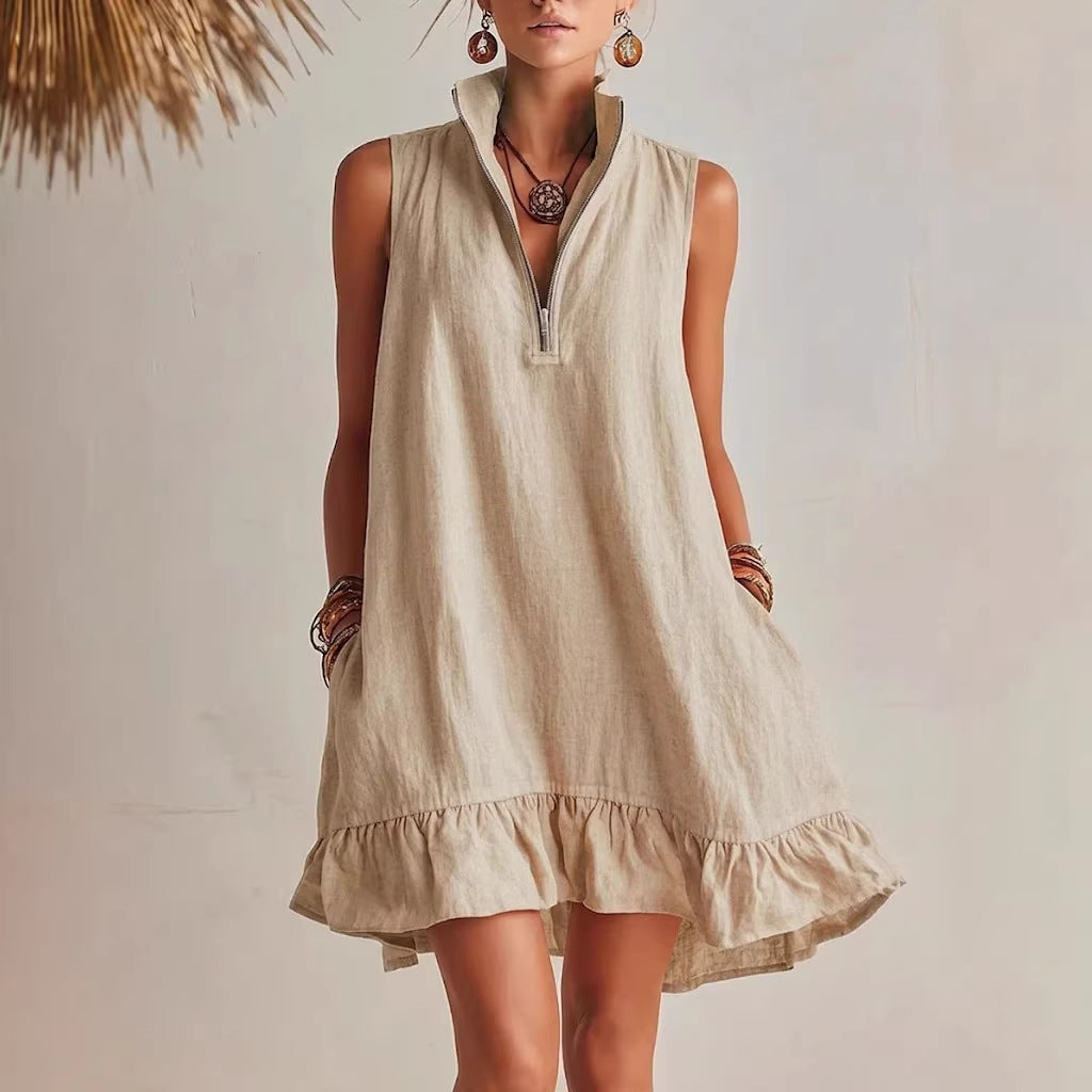 Vestido em Algodão com Decote em V e Sem Mangas - Veron&Co