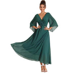 Vestido Longo com Decote em V e Manga Evasê - Veron&Co
