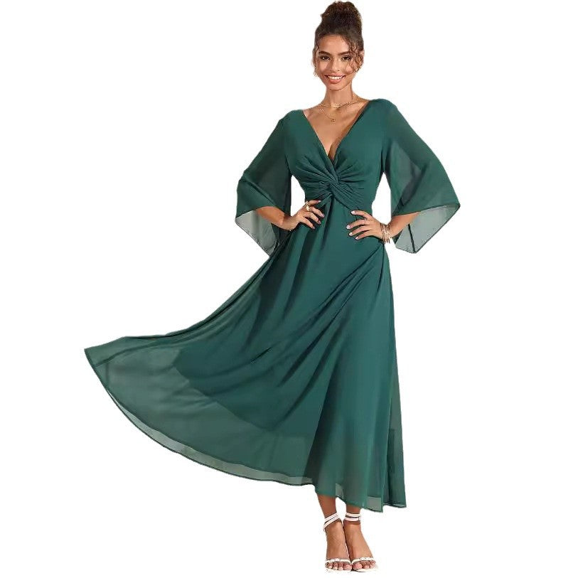 Vestido Longo com Decote em V e Manga Evasê - Veron&Co
