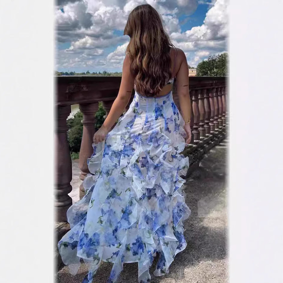 Vestido em Chiffon com Estampado e Ombros Descobertos - Veron&Co