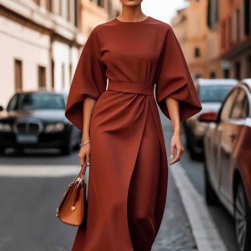 Vestido Longo com Marcação de Cintura e Manga Morcego - Veron&Co