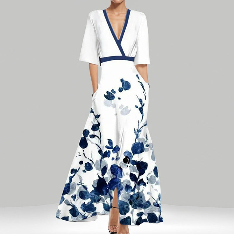 Vestido Longo com Estampado e Marcação de Cintura - Veron&Co