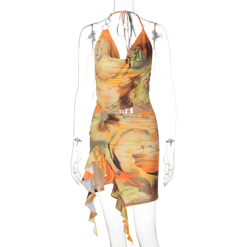 Vestido em Renda com Estampado e Costas Nuas - Veron&Co