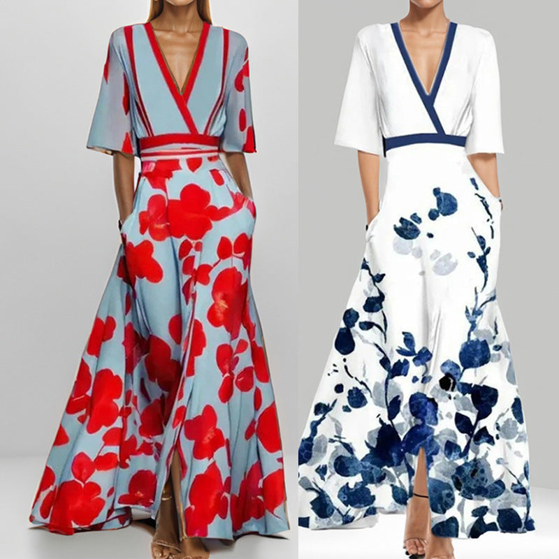 Vestido Longo com Estampado e Marcação de Cintura - Veron&Co