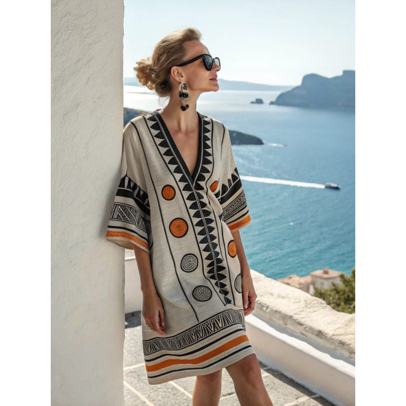 Vestido Midi com Estampado e Decote em V - Veron&Co