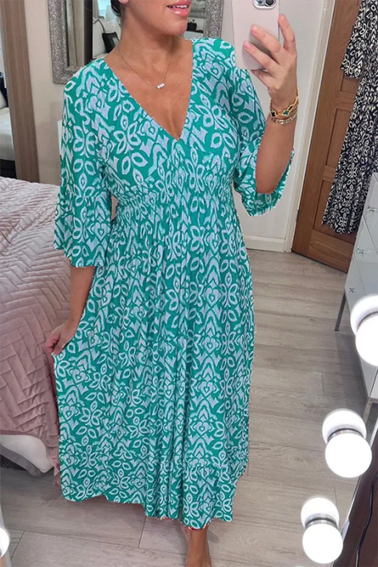 Vestido Longo com Estampado e Decote em V - Veron&Co