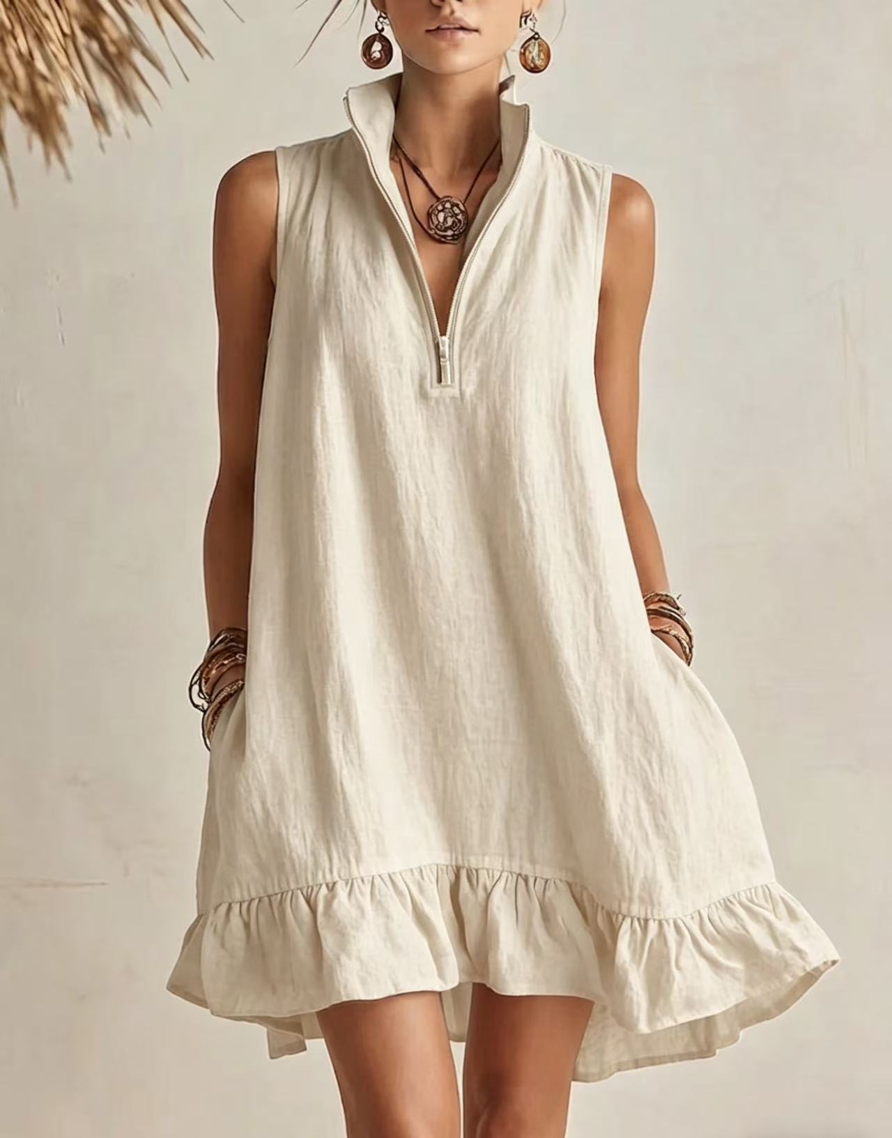 Vestido em Algodão com Decote em V e Sem Mangas - Veron&Co