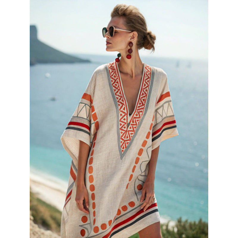 Vestido Midi com Estampado e Decote em V - Veron&Co