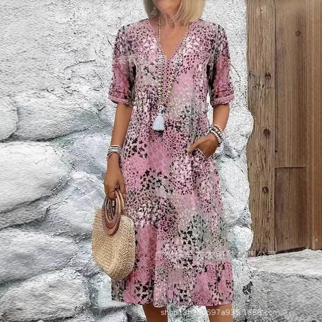 Vestido Longo em Renda com Decote em V e Manga Curta - Veron&Co