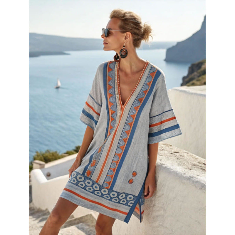 Vestido Midi com Estampado e Decote em V - Veron&Co