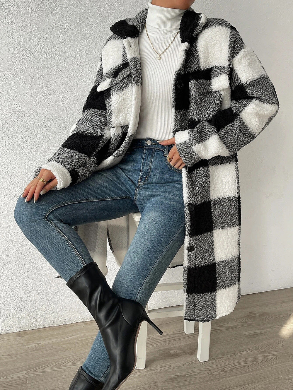 Plaid Teddy Coat with Lapels
