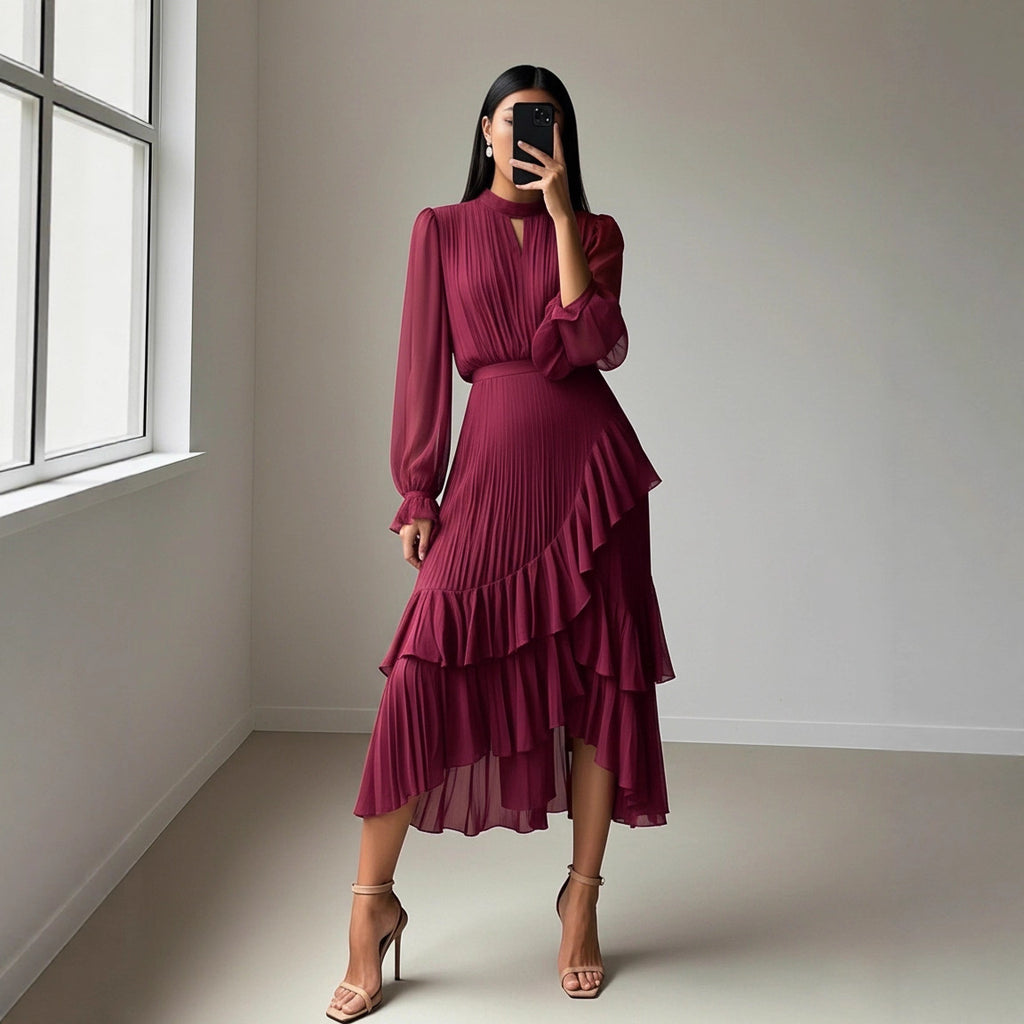 Vestido Midi com Folhos e Pregas - Veron&Co