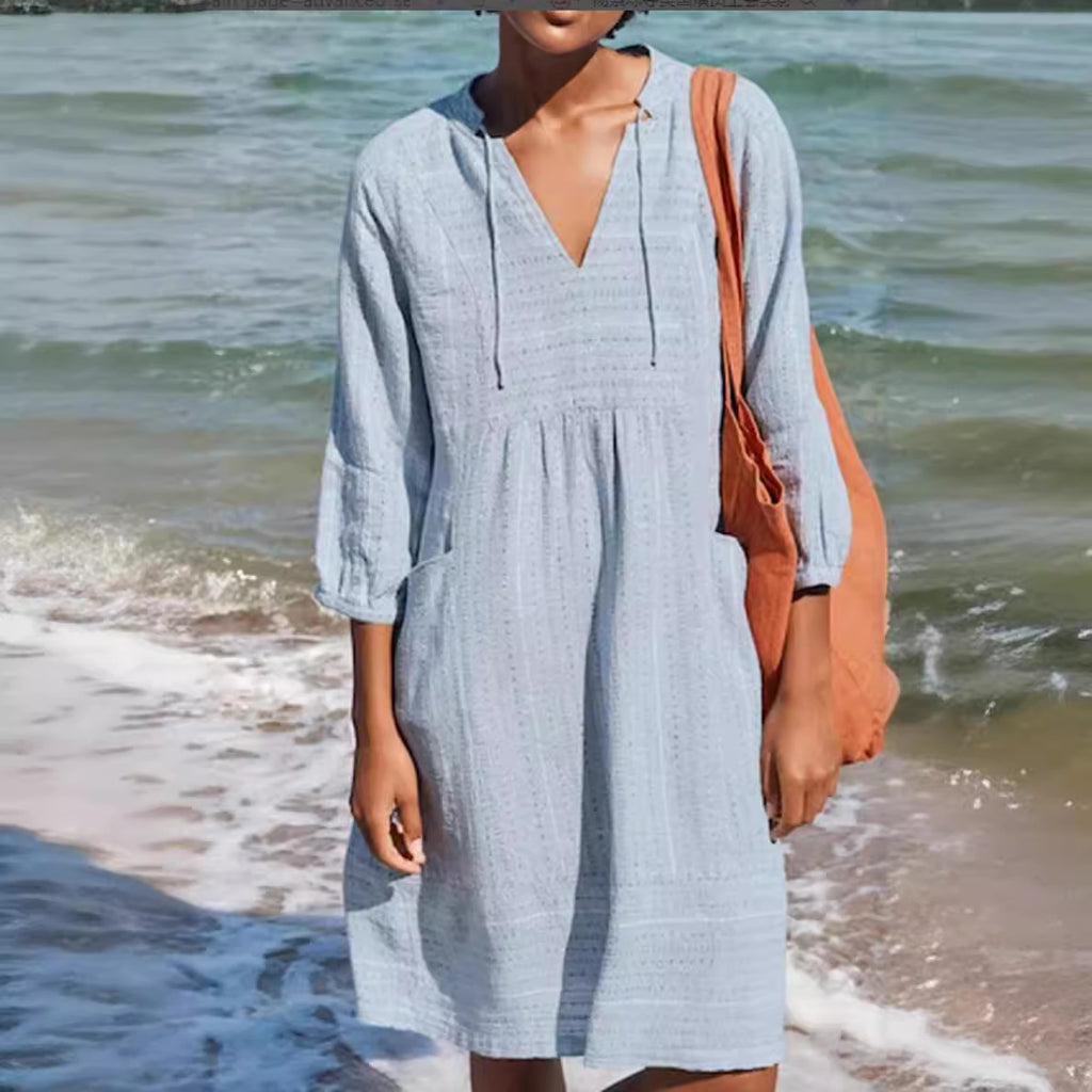 Vestido em Algodão e Linho com Decote em V - Veron&Co