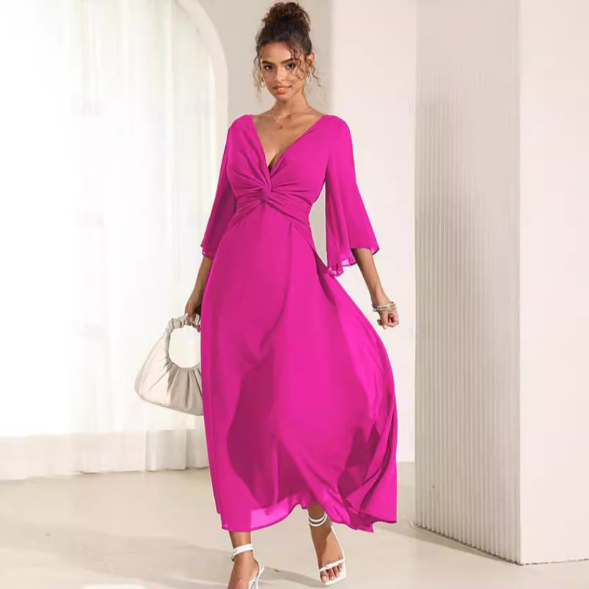 Vestido Longo com Decote em V e Manga Evasê - Veron&Co
