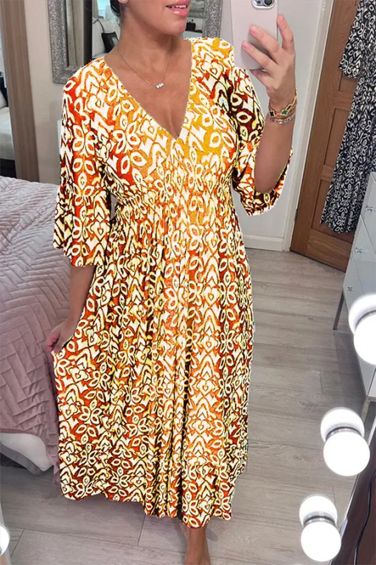 Vestido Longo com Estampado e Decote em V - Veron&Co