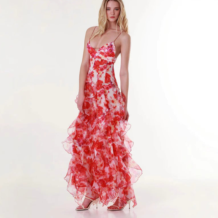Vestido em Chiffon com Estampado e Ombros Descobertos - Veron&Co