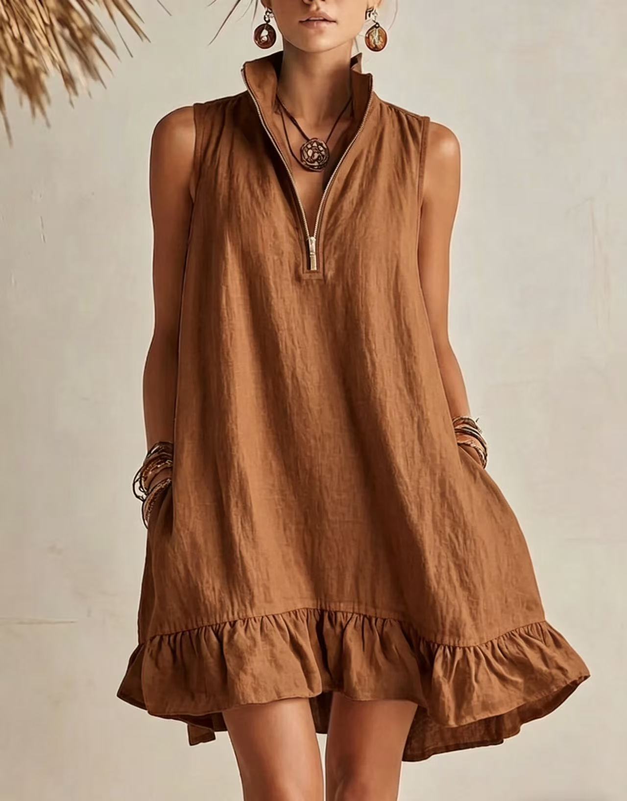 Vestido em Algodão com Decote em V e Sem Mangas - Veron&Co