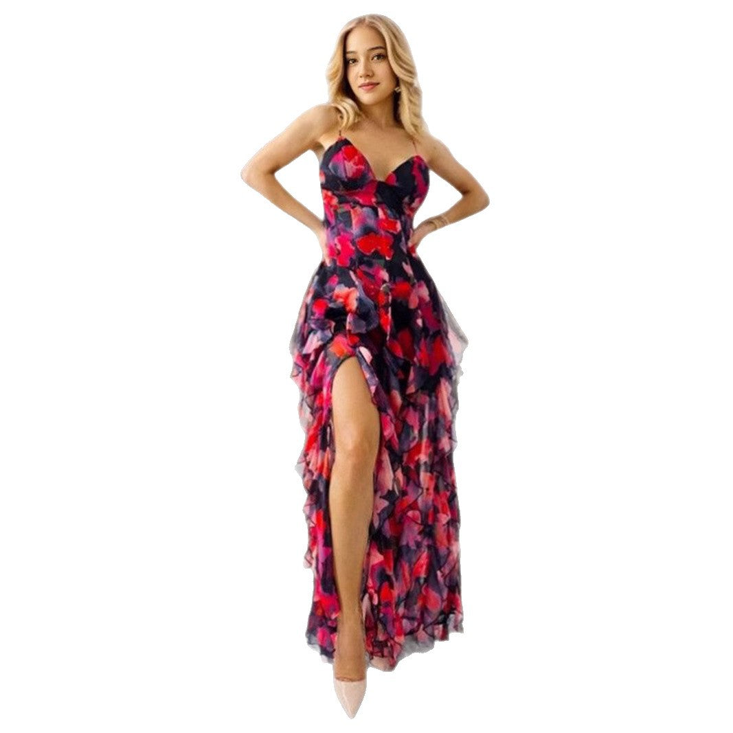 Vestido em Chiffon com Estampado e Ombros Descobertos - Veron&Co