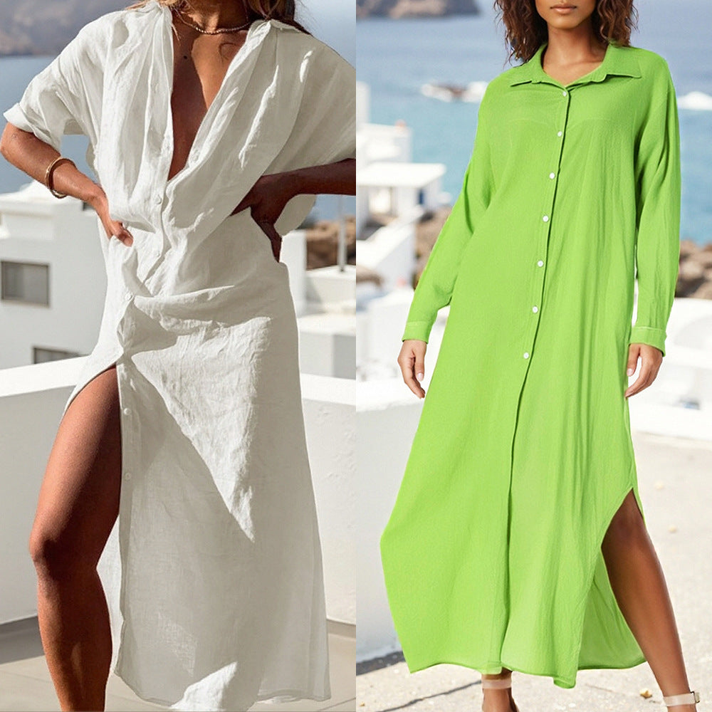 Vestido em Algodão com Corte Camiseiro e Gola Lapela - Veron&Co
