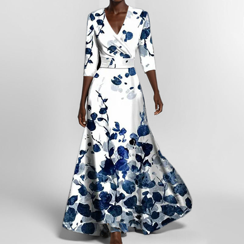 Vestido Longo com Estampado e Marcação de Cintura - Veron&Co