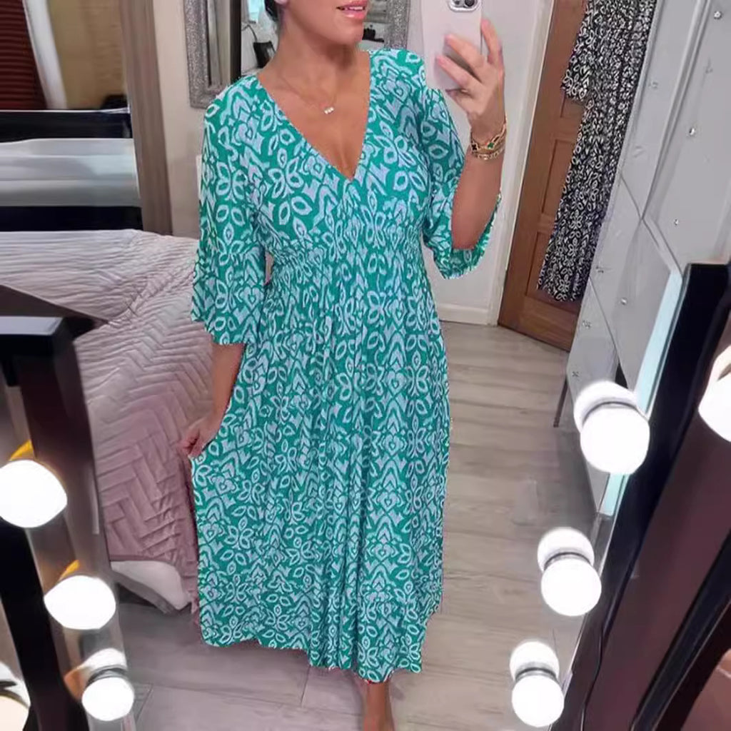 Vestido Longo com Estampado e Decote em V - Veron&Co