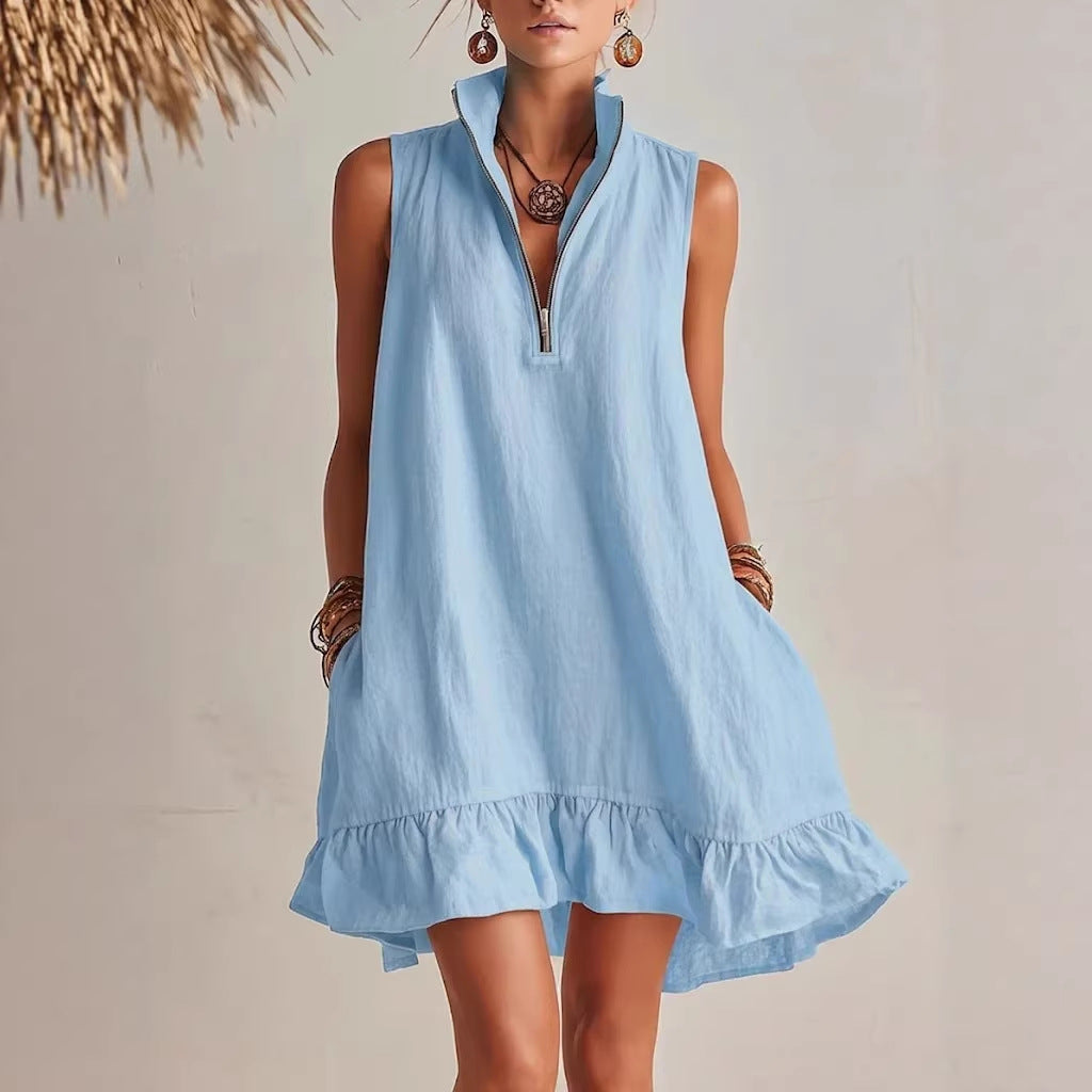 Vestido em Algodão com Decote em V e Sem Mangas - Veron&Co