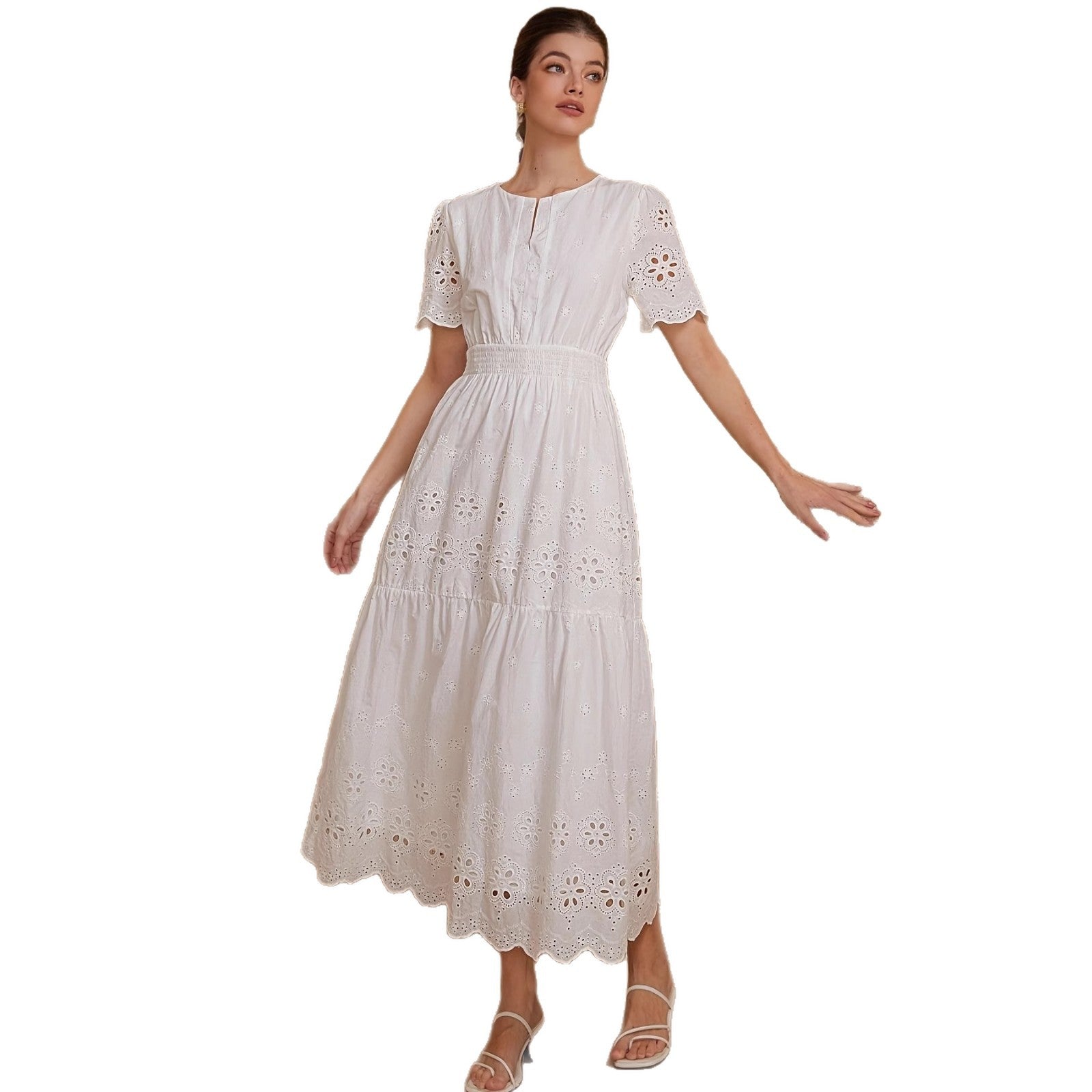 Vestido Longo com Bordado e Marcação de Cintura - Veron&Co