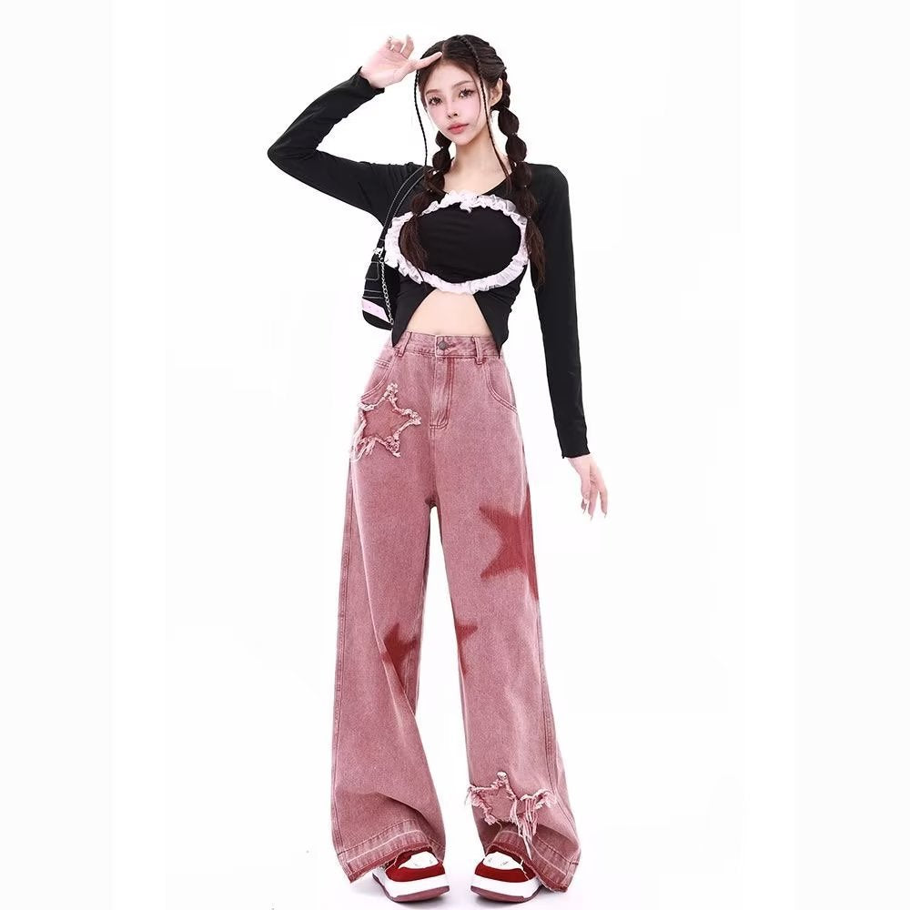 Calças de Ganga Bordado Estrela Wide Leg