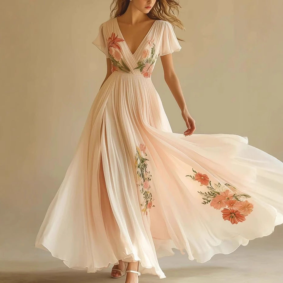 Vestido Longo com Estampado e Decote em V - Veron&Co