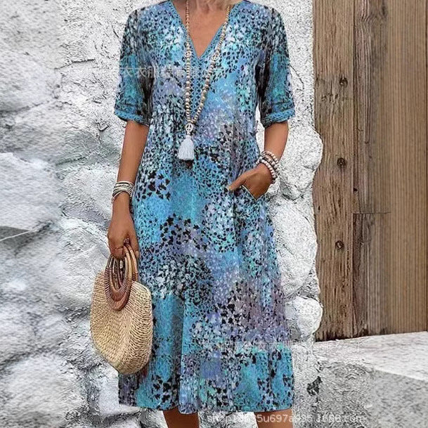 Vestido Longo em Renda com Decote em V e Manga Curta - Veron&Co