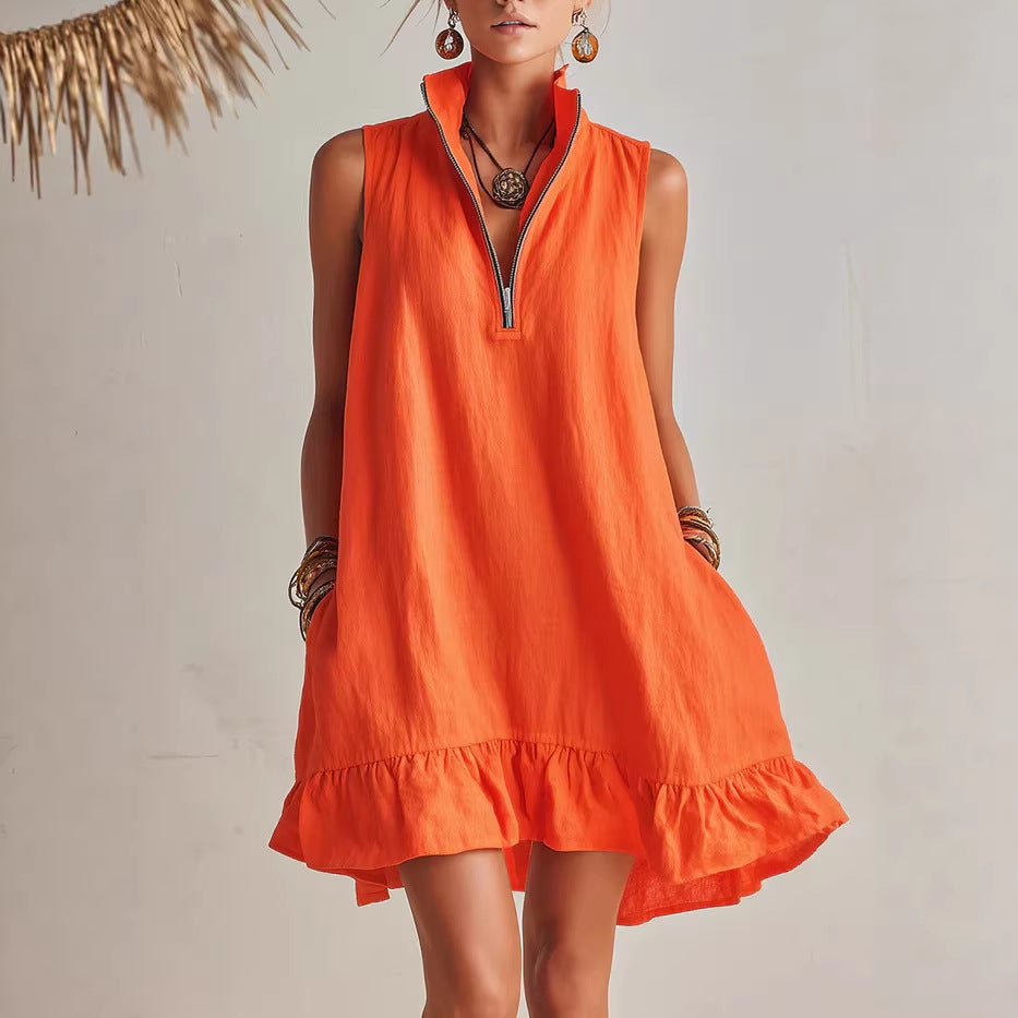 Vestido em Algodão com Decote em V e Sem Mangas - Veron&Co