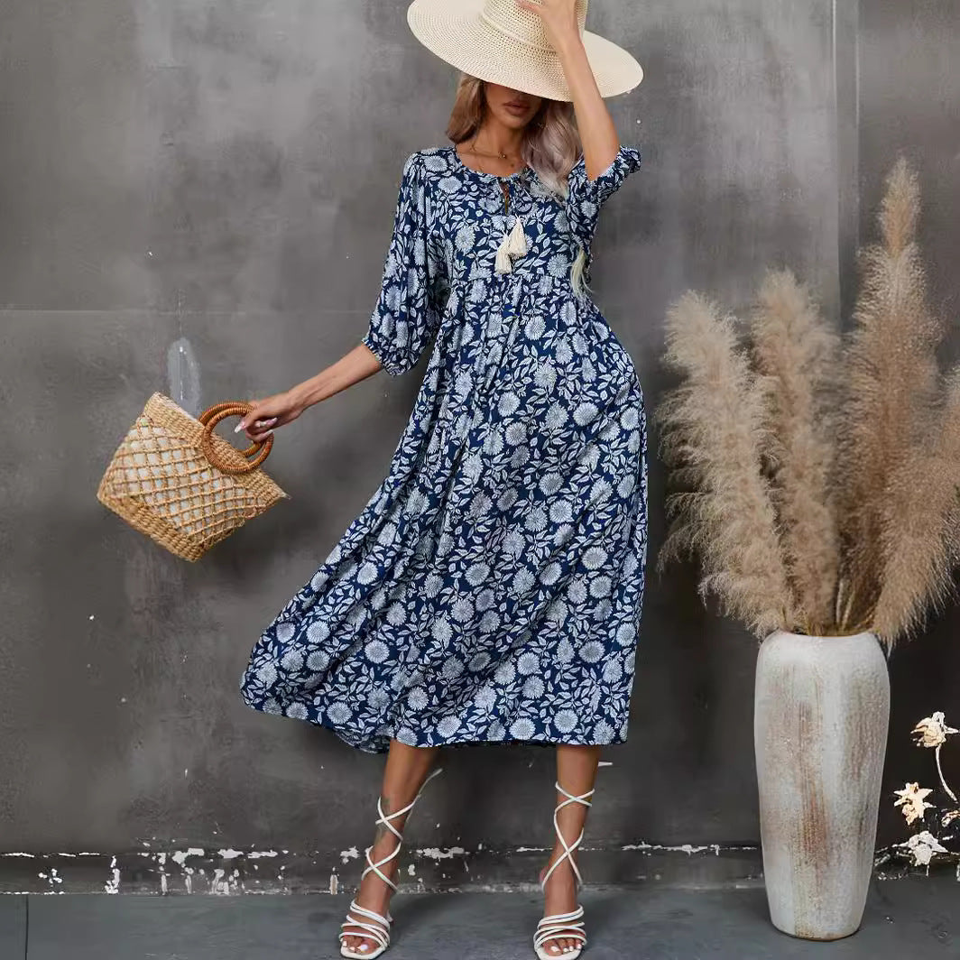 Vestido em Rayon com Decote em V e Manga Curta - Veron&Co
