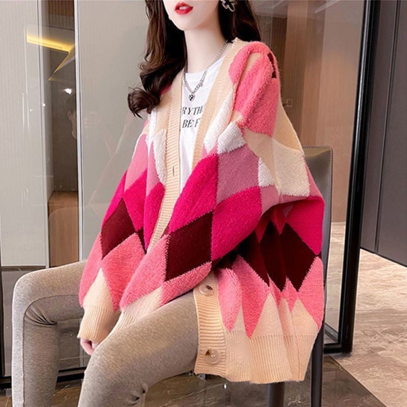 Diamond-Knit V-Neck Cardigan