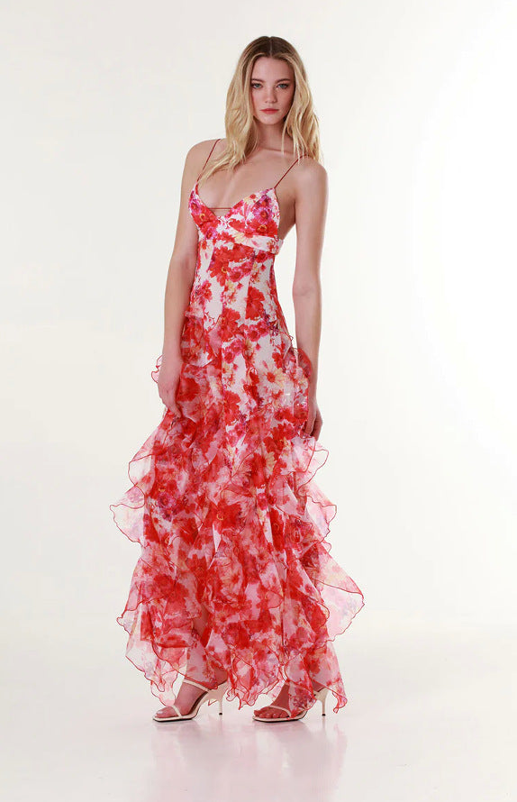 Vestido em Chiffon com Estampado e Ombros Descobertos - Veron&Co
