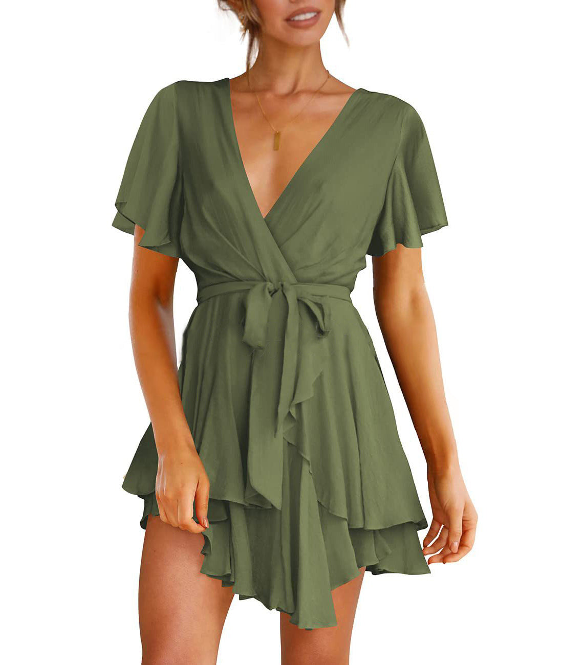 Vestido com Folhos e Decote em V - Veron&Co