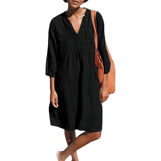 Vestido em Algodão e Linho com Decote em V - Veron&Co