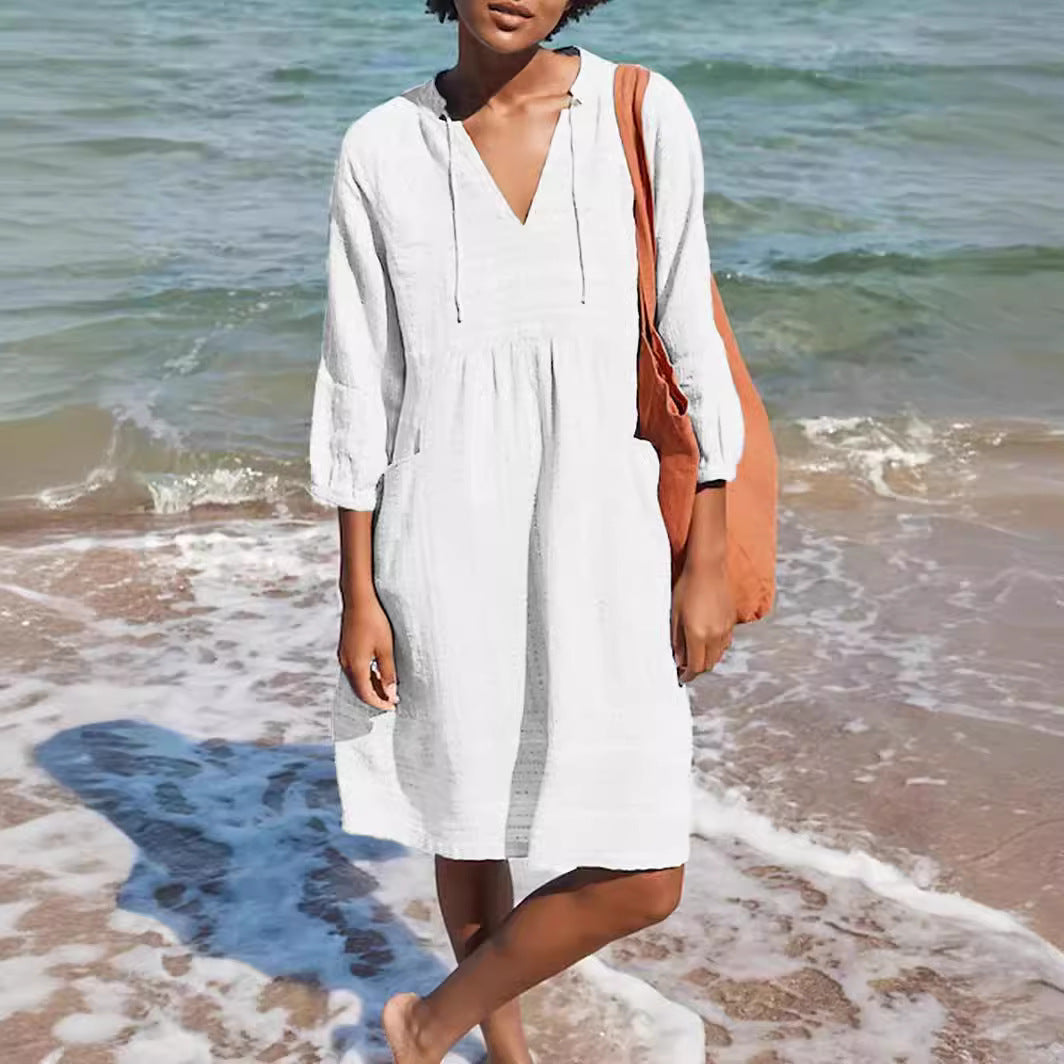 Vestido em Algodão e Linho com Decote em V - Veron&Co
