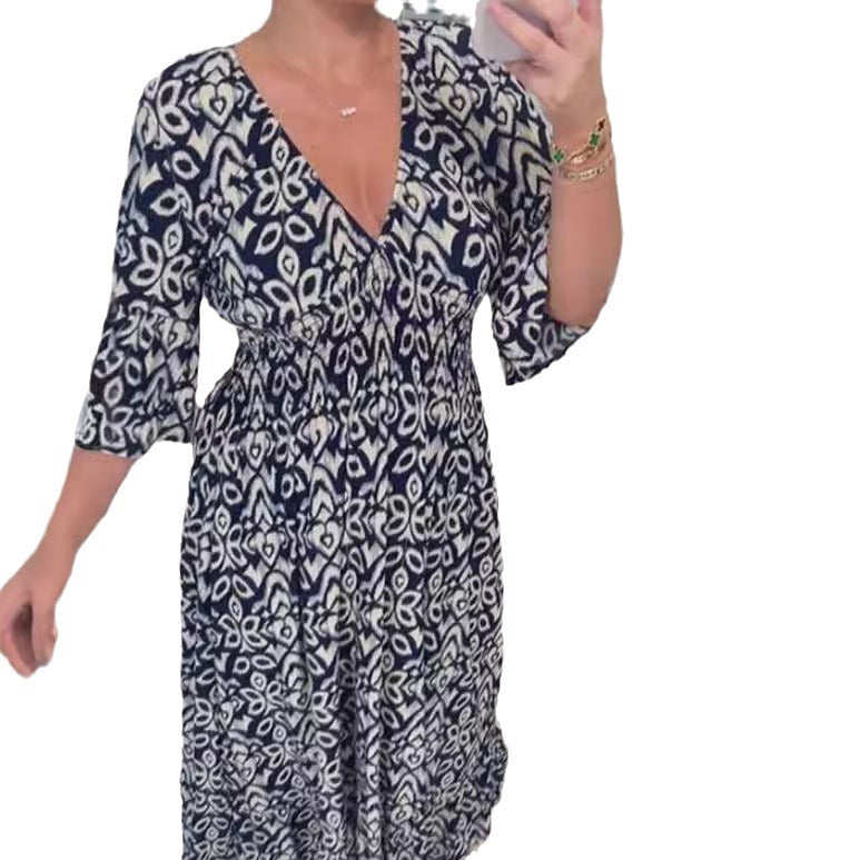 Vestido Longo com Estampado e Decote em V - Veron&Co