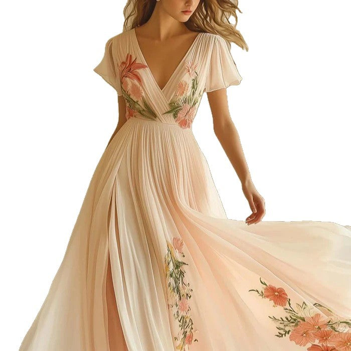 Vestido Longo com Estampado e Decote em V - Veron&Co