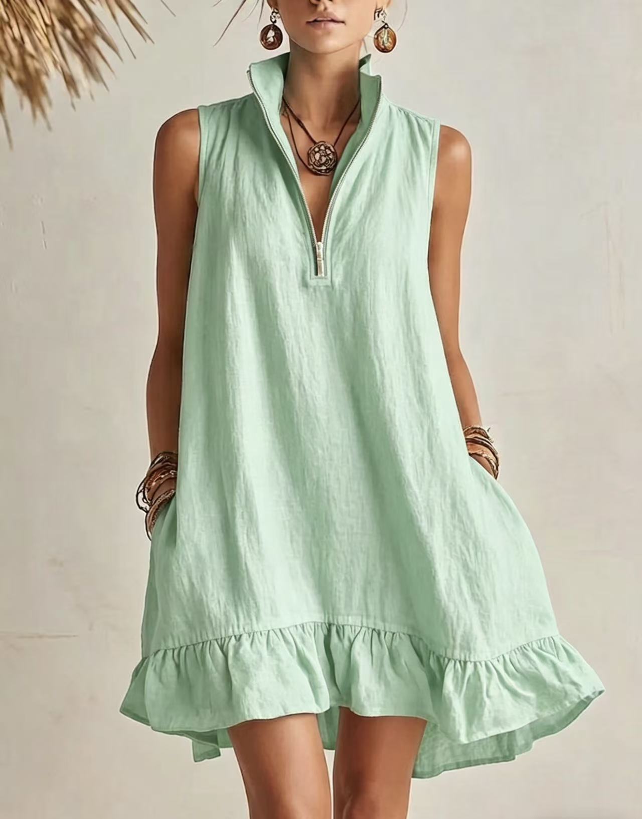 Vestido em Algodão com Decote em V e Sem Mangas - Veron&Co