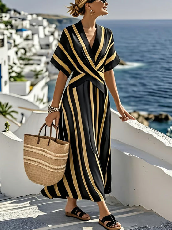 Vestido Longo com Pregas e Decote em V - Veron&Co